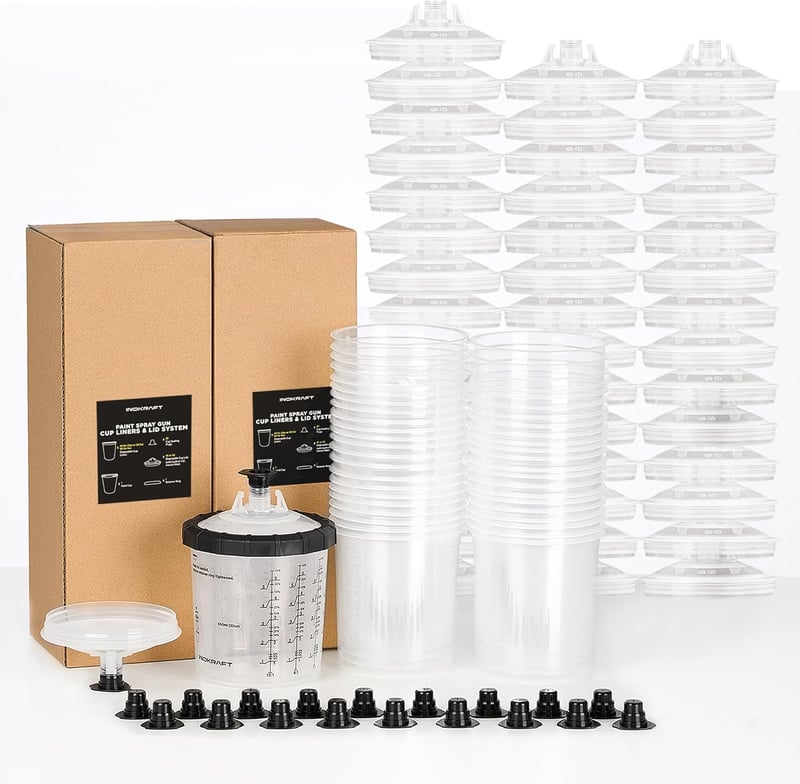 InoKraft Eldobható Festékszóró Pohár Rendszer - 45 db 650ml Pohár és Fedél, HVLP/LVLP Festékszórókhoz, 360°-os Szórás, 125 Mikronos Szűrővel