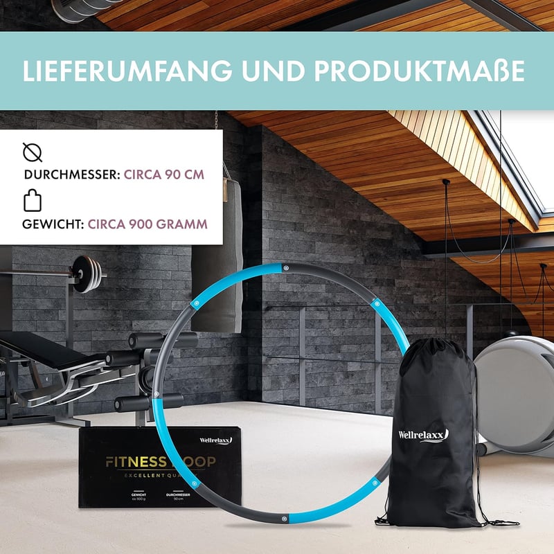 WELLRELAXX Hula Hoop Karika Felnőtteknek | 0,9kg | 90cm | 8 Részes Fogyasztó Hullahopp Abroncs Kezdőknek Táskával