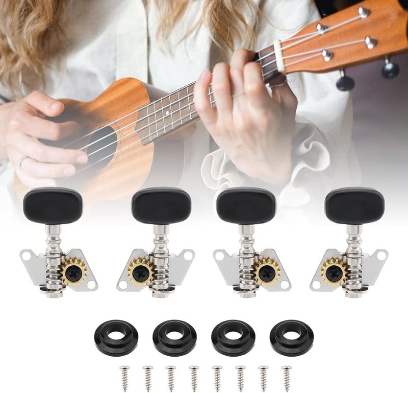 MuzcYM Ukulele Hangolókulcsok - 2L2R Klasszikus Stílusú Hangológépek 4 Húros Ukulele és Gitár Basszushoz - Fekete Acélötvözet