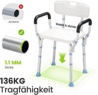 HEAO Állítható Magasságú Zuhanyszék Háttámlával és Karfával - Időseknek, 41-53 cm, 136 kg Teherbírással, Puha Párnázattal 5