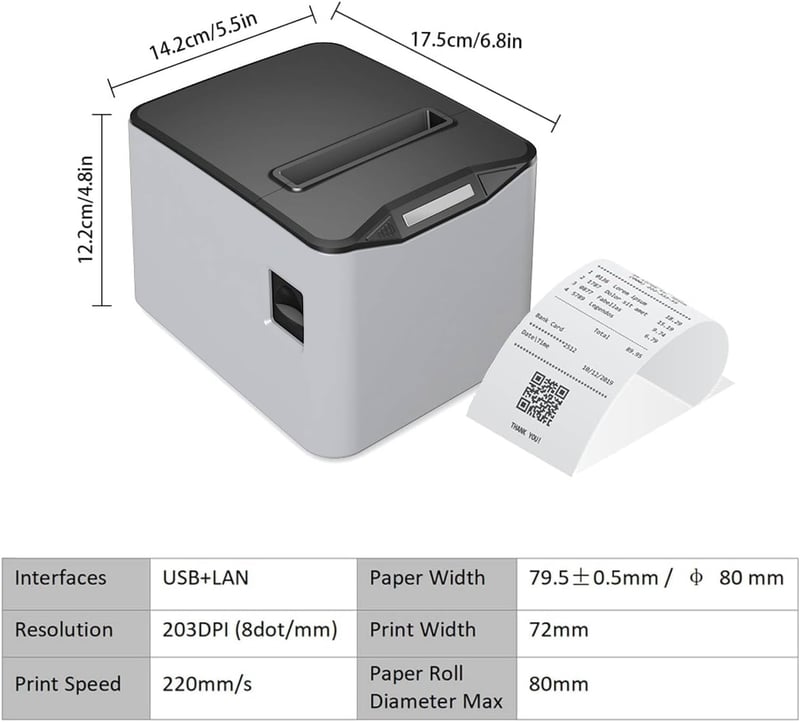 Bisofice Bondrukcer 80 mm Hőpapíros Nyugtanyomtató 220 mm/s - USB + LAN Csatlakozás, Kasszafiók Vezérlés, ESC/POS, Win/Linux/MAC Kompatibili