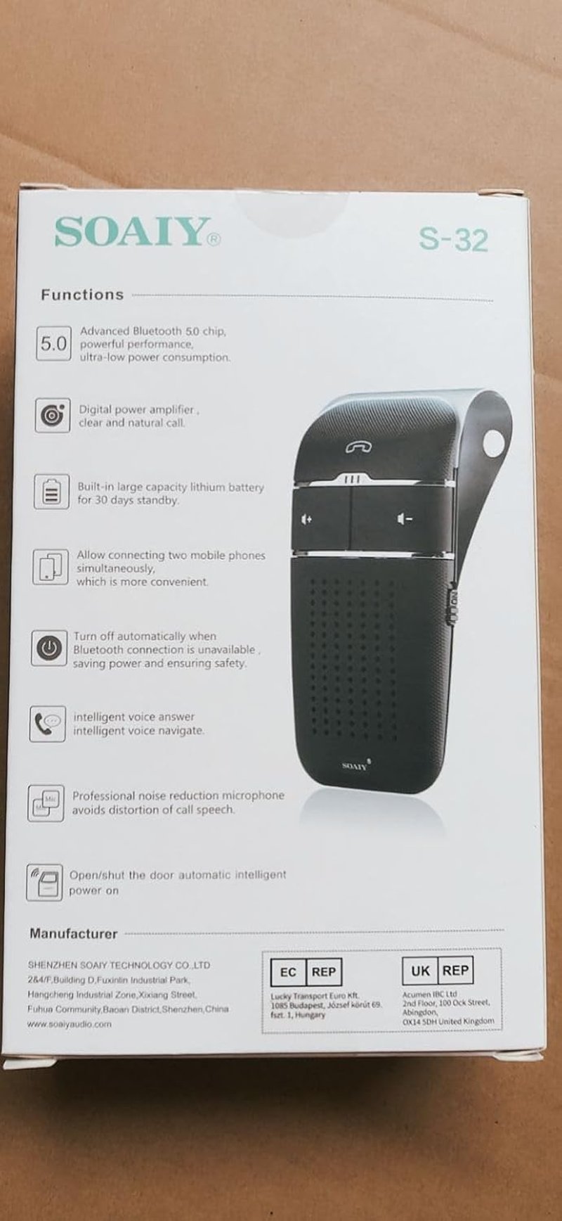 SOAIY S32 Bluetooth 5.0 Autós Kihangosító Napellenzőre, Automatikus Ki/Be