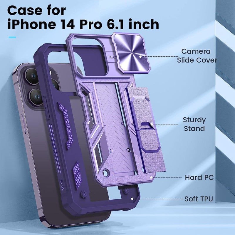 iPhone 14 Pro Lila Tok Rejtett Állvánnyal és Kameravédővel