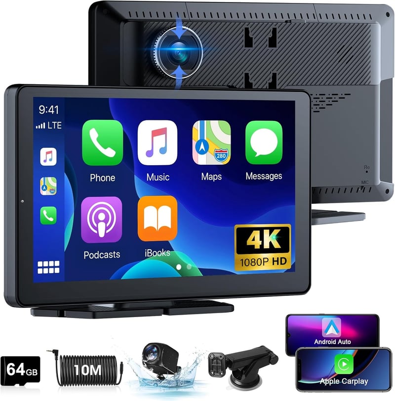 Jansite 4K Apple CarPlay Android Autós Kijelző 9" Vezeték Nélküli, Menetrögzítővel, Tolatókamerával, Bluetooth, Siri, 64GB TF Kártya Támogat