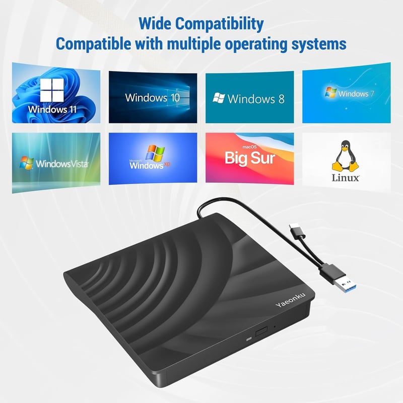 Yaeonku USB 3.0 Külső CD/DVD Író-Olvasó Meghajtó Laptophoz és PC-hez