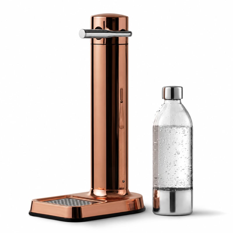 Výrobník sódy Aarke Carbonator 3, medená nehrdzavejúca oceľ, 1 l, bez BPA — chýba kryt proti striekajúcej vode (stav: pozri 2. obrázok)