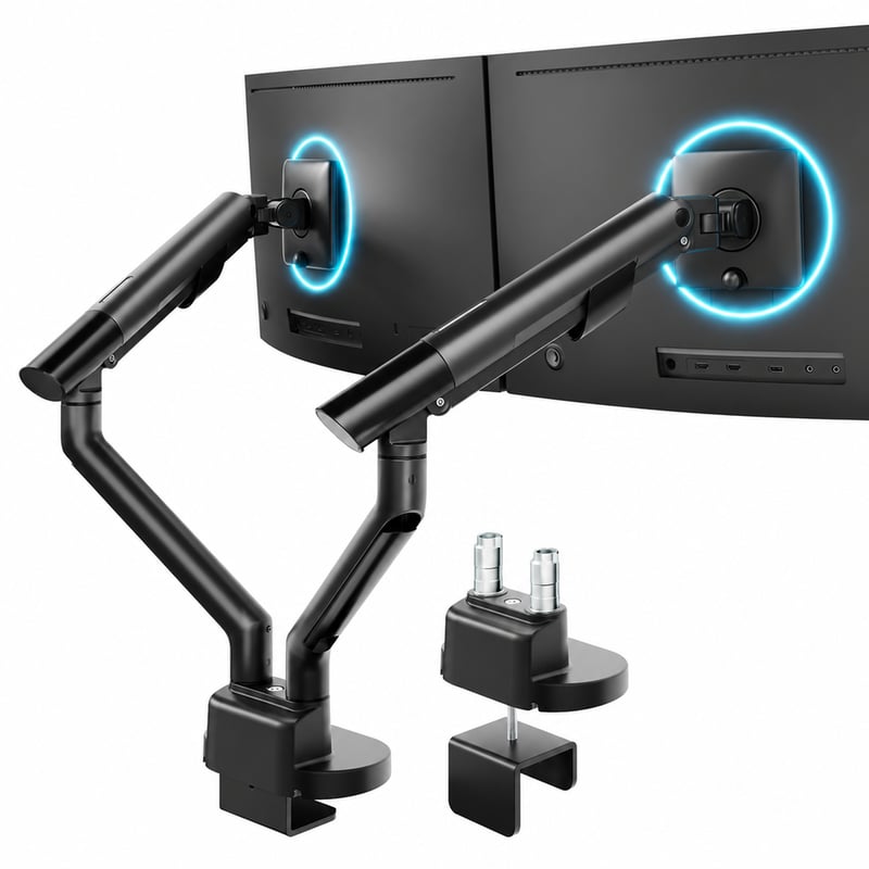 Suport dual pentru 2 monitoare monTEK, pentru ecrane de 17-35 inch, negru, de birou — fără cabluri (stare: vezi a 2-a imagine)