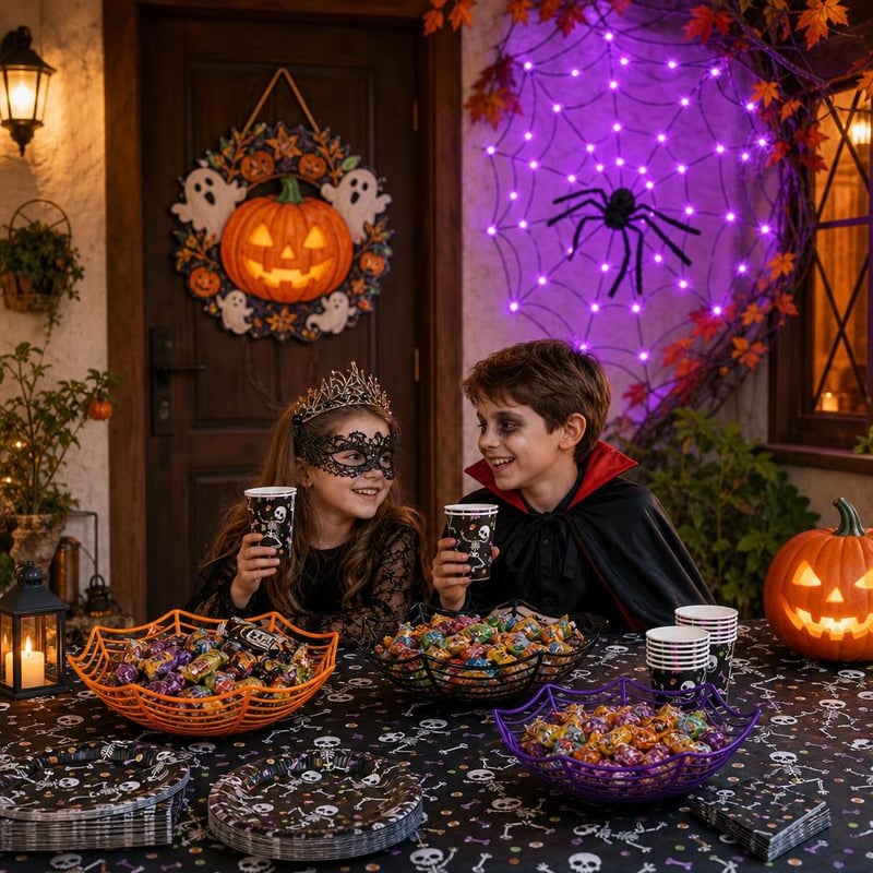 Halloween party set: 3 zdjele + ukras za vrata + 80 LED lampica + tijara-maska + 97-dijelni set + 50 čaša