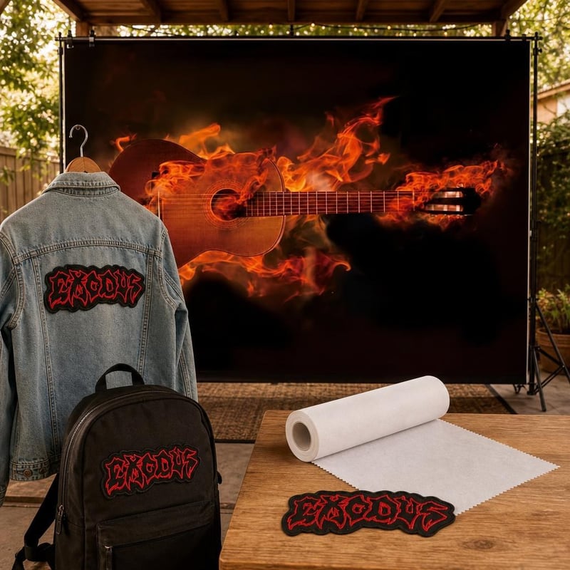 Thrash metal balík: 1x nášivka + 1x nažehľovacia textília + 1x fotopozadie horiaca gitara