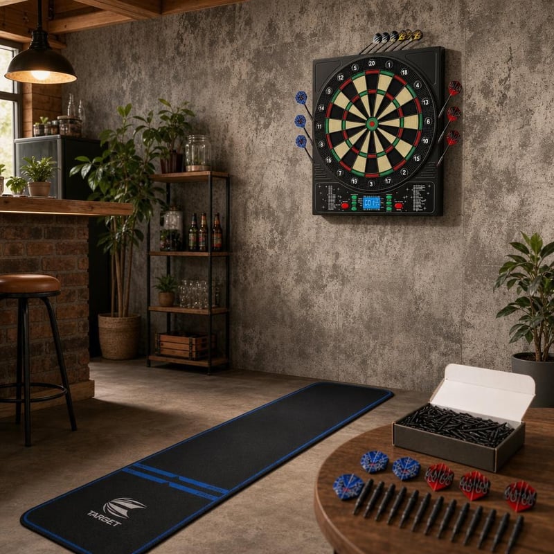 Domáci darts set: elektronický terč + 12 šípok + 200 hrotov + betónová tapeta + podložka
