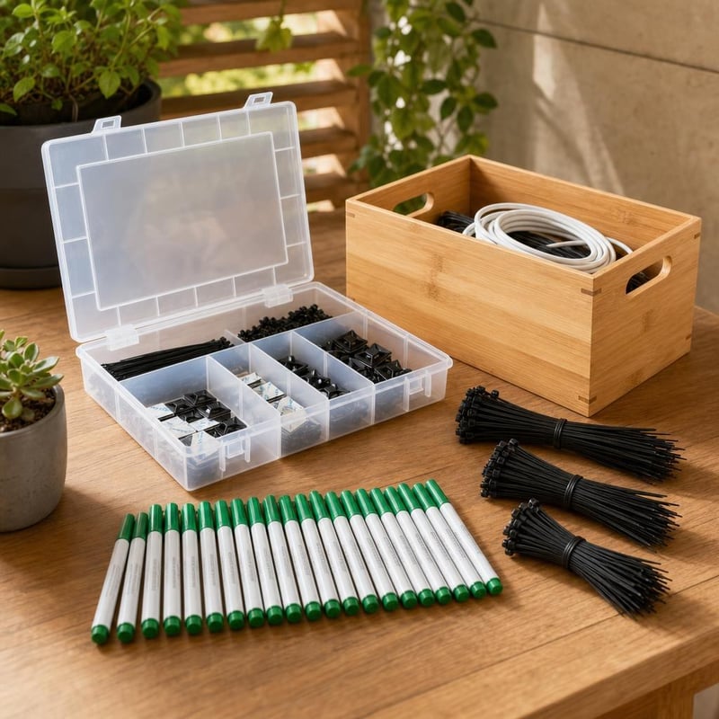 Organizér do dielne: 8-priehradkový box + bambusový box + 300x sťahovacie pásky + 24x popisovače