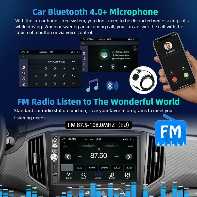 Podofo 1 DIN Autórádió 7" Érintőkijelzővel - Apple CarPlay és Android Auto Támogatás, Bluetooth Kihangosító, FM Rádió, Tolatókamera