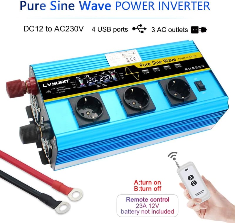 Tiszta szinuszos 3000W/6000W inverter, 12V-230V, 3 EU aljzat, 4 USB, LCD