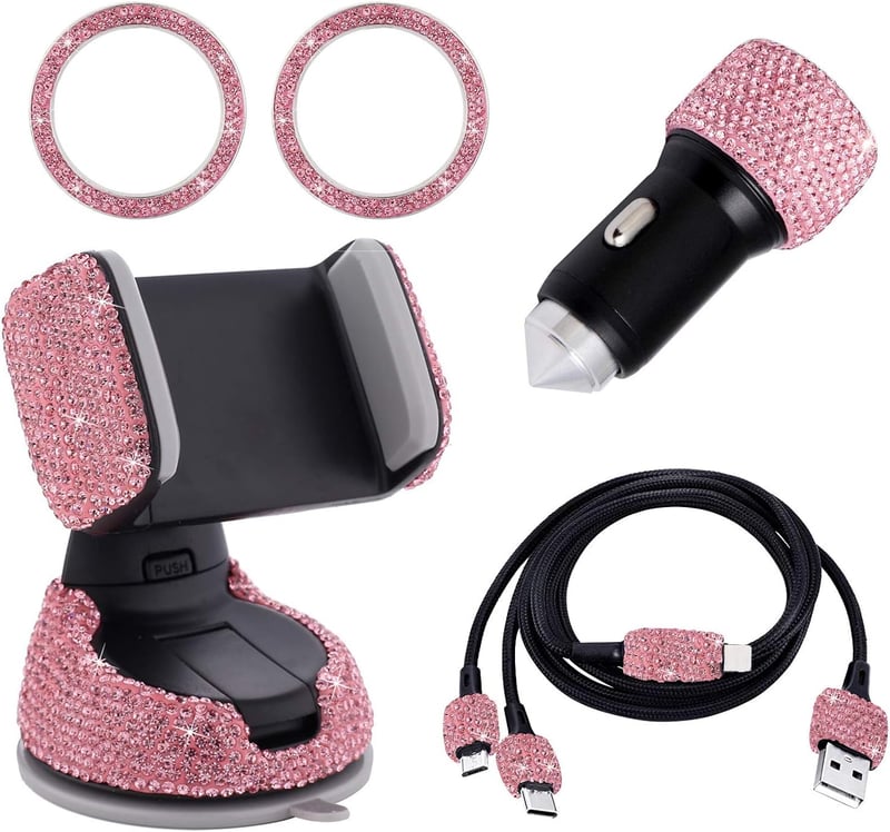 Rózsaszín Autós Bling Szett: USB Adapter, Kábel, Telefontartó és Dekoráció (5 db)