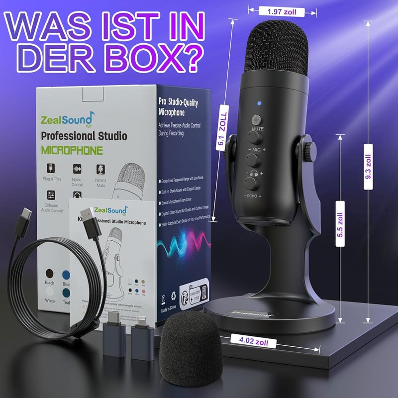 ZealSound K66 USB-C Kondenzátor Mikrofon PC, Telefon, PS4/PS5 Eszközökhöz - Játék, Podcast, Streaming, ASMR Felvételekhez, Némítás/Erősítés/