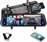 Podofo 9.66" Tükör Menetrögzítő Kamera - Vezeték Nélküli Apple CarPlay, Android Auto, Dupla 1080P HD Kamera, IPS Érintőképernyő, Bluetooth,  1