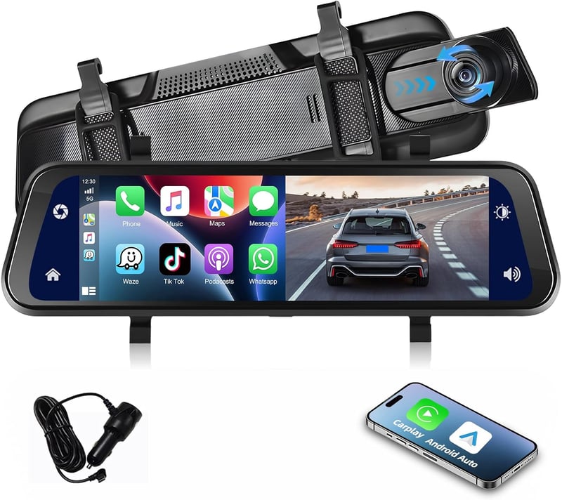 Podofo 9.66" Tükör Menetrögzítő Kamera - Vezeték Nélküli Apple CarPlay, Android Auto, Dupla 1080P HD Kamera, IPS Érintőképernyő, Bluetooth, 