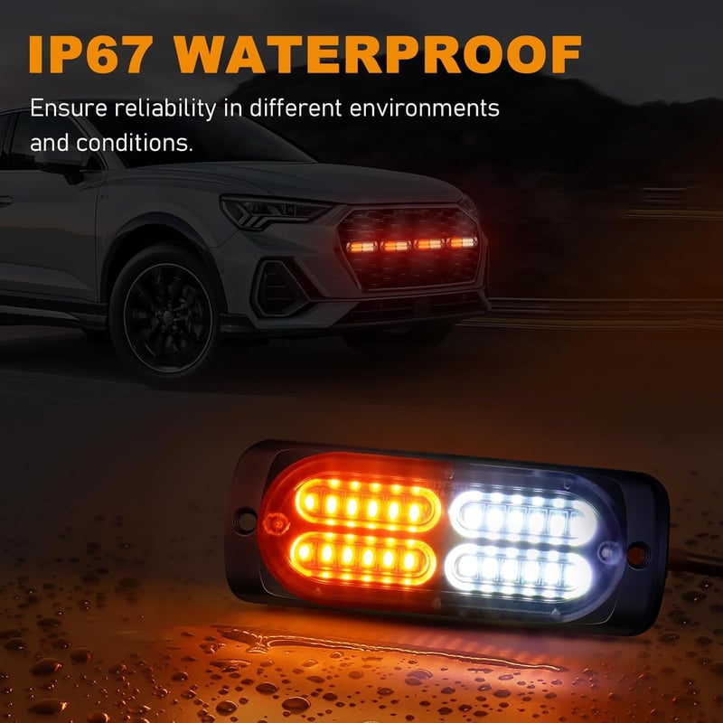 Dinfu 8x24 LED Elülső Villogó Lámpa - Narancssárga-Fehér Stroboszkóp 12V/24V - IP67 Vízálló Figyelmeztető Fény 18 Villogási Móddal Autókhoz,