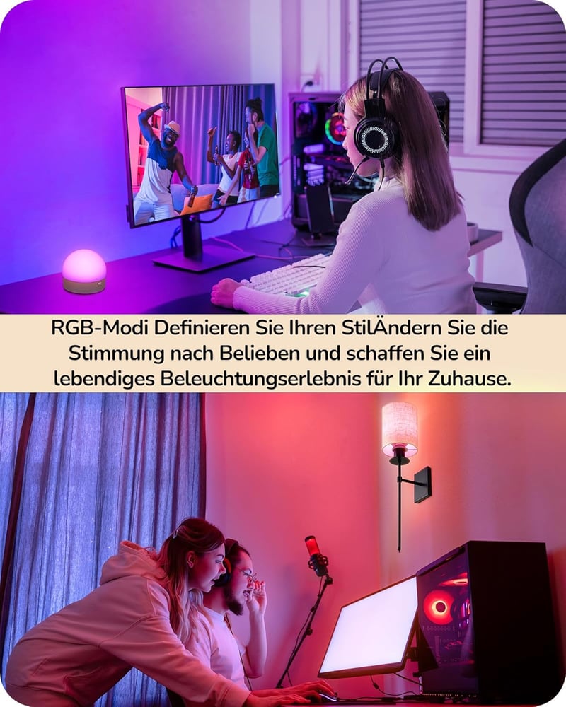 EDISHINE 2 db Akkumulátoros Fali Lámpa - Vezeték Nélküli RGB LED Világítás Távirányítóval, 12 Szín, 2 Dinamikus Mód, USB Tölthető, Fekete