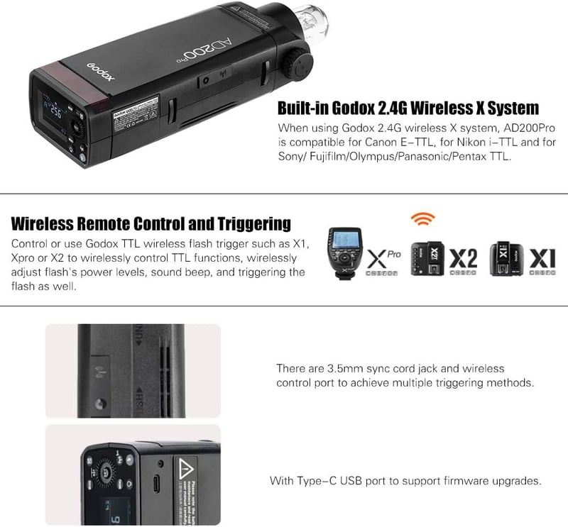 Godox AD200Pro Hordozható Vaku, Cserélhető Vakufejjel (Speedlite/Izzó), 200W Vezeték Nélküli TTL, HSS 1/8000s, X1T-C Kioldóval Canon EOS Fén