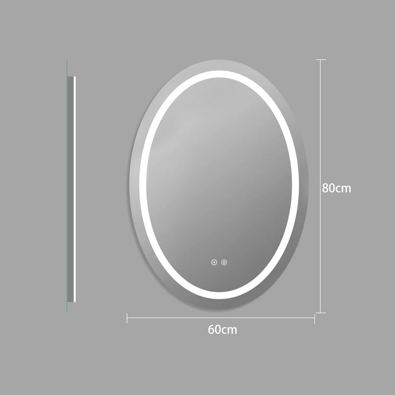 sunrik LED Fürdőszobai Tükör 60x80 cm - Ovális Világítással, 3 Színhőmérséklettel, Fényerőszabályzóval, Érintőkapcsolóval és Páramentesítő F