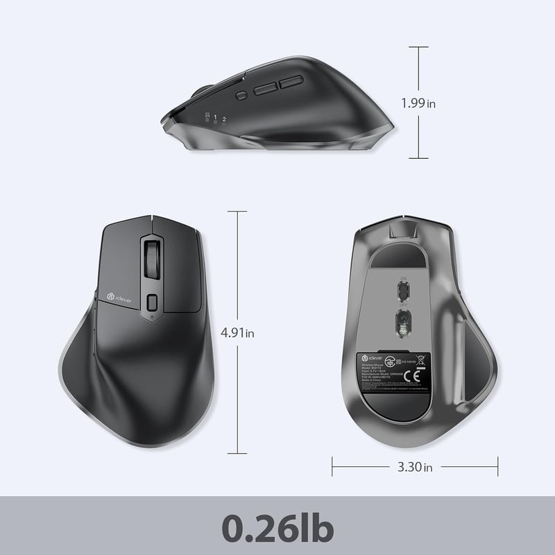 iClever Vezeték Nélküli Bluetooth Egér - Újratölthető, Ergonomikus, 3 Eszközhöz Csatlakoztatható, 5 DPI Beállítás, Csendes Kattintás, Ezüst-