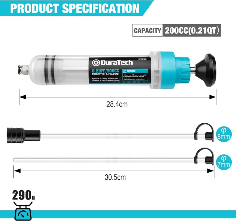 DURATECH Olajleszívó Pumpa 200ml - Kézi Szivattyú Szintjelzővel, 284mm Olajfeltöltő Szivattyú Motor-, Váltó-, Differenciálmű Olajhoz és Hűtő - 500 ml