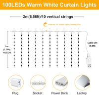 Bigzom LED Fényfüggöny 2x1m - 100 Meleg Fehér LED, USB Csatlakozás, IP65 Vízálló, 10 Akasztóval - Hálószobába, Partikra, Dekorációhoz 4