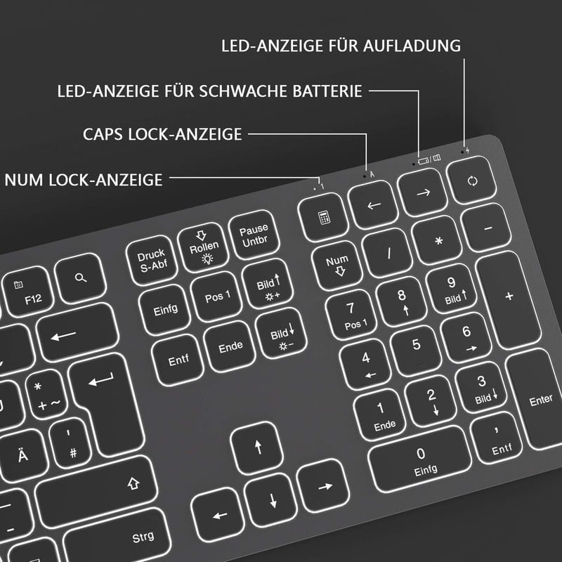 Seenda LED-es vezeték nélküli billentyűzet, QWERTZ, újratölthető, PC/laptop, űrszürke