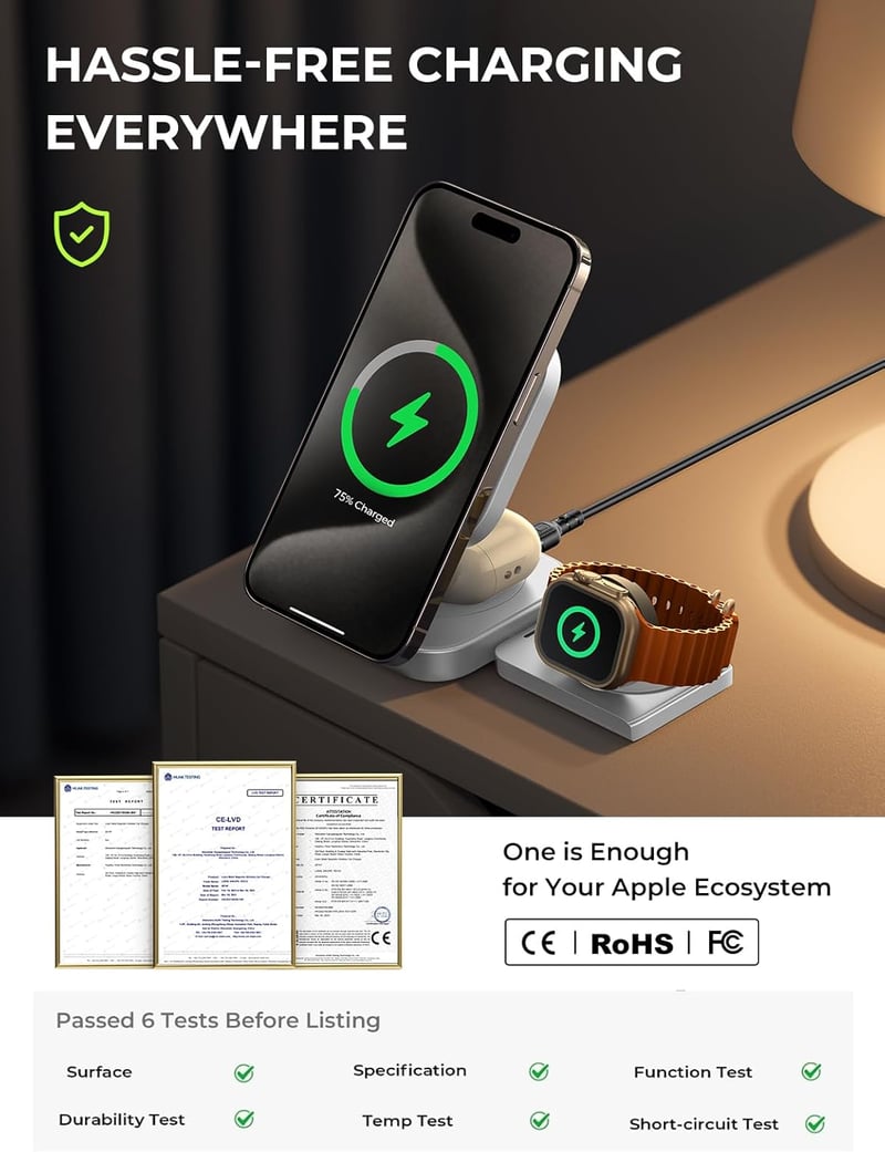 LISEN 3 az 1-ben MagSafe töltőállomás iPhone, Apple Watch és AirPods készülékekhez - Hordozható utazási töltő