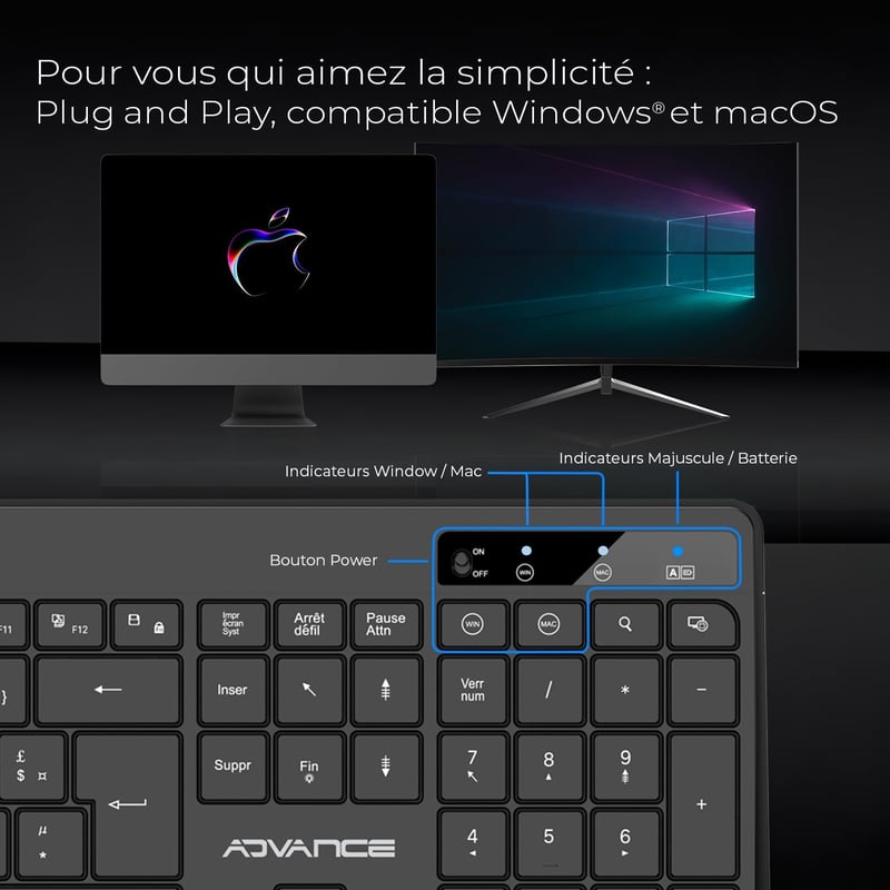 AD ADVANCE Vezeték Nélküli Billentyűzet Egér Szett RGB Háttérvilágítás Csendes Optikai LED Egér 1600 DPI Újratölthető PC Mac Laptop