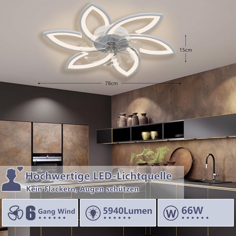 Revneey LED Mennyezeti Ventilátor Lámpával - 66W Szabályozható Fényerő, 3000-6000K, 6 Fejes Virág Dizájn, Csendes, Fehér, 78x15cm, Nappali é