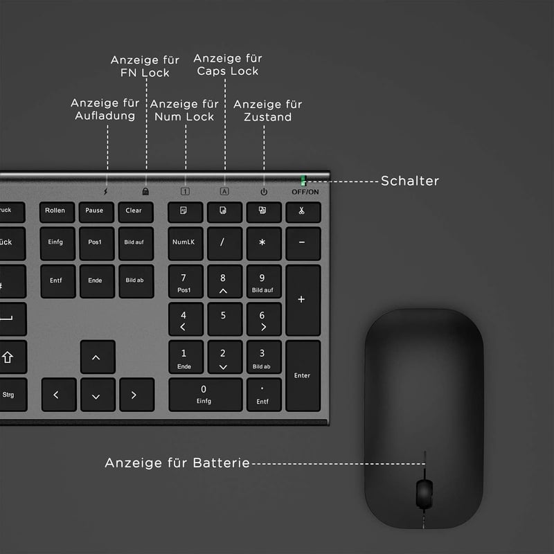seenda Vezeték Nélküli Billentyűzet és Egér Szett - Újratölthető, Ultravékony Alumínium QWERTZ Billentyűzet, 2.4G Technológia, Windows Kompa