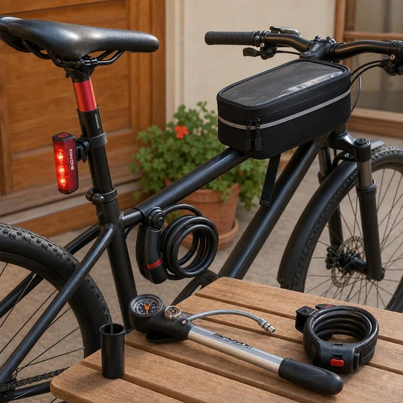 Mestský cyklo-set: adaptér + pumpa + brzdové svetlo + taška + zámok