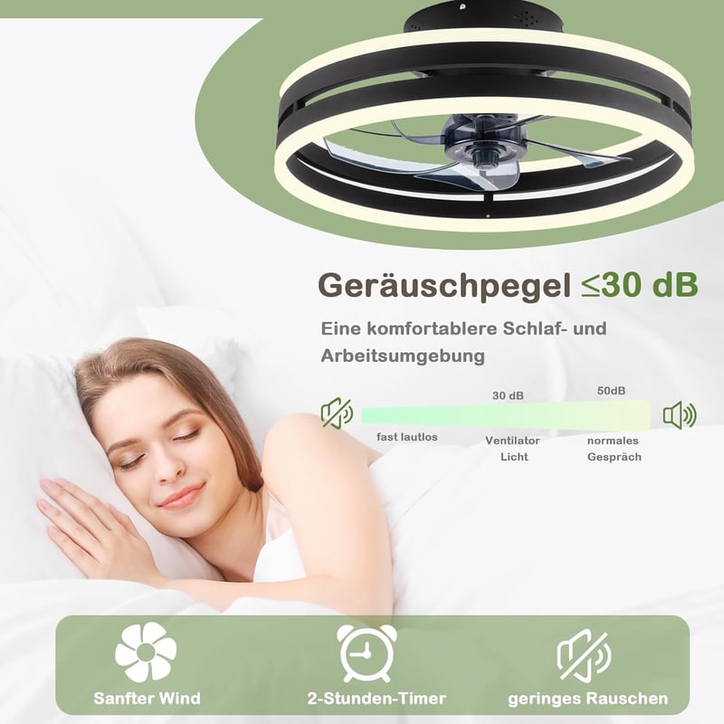 Revneey Mennyezeti Ventilátor Lámpával 50W - Fekete 40cm LED Lámpa Távirányítóval és Applikációval, 6 Sebességű Hálószobai Nappaliba Időzítő