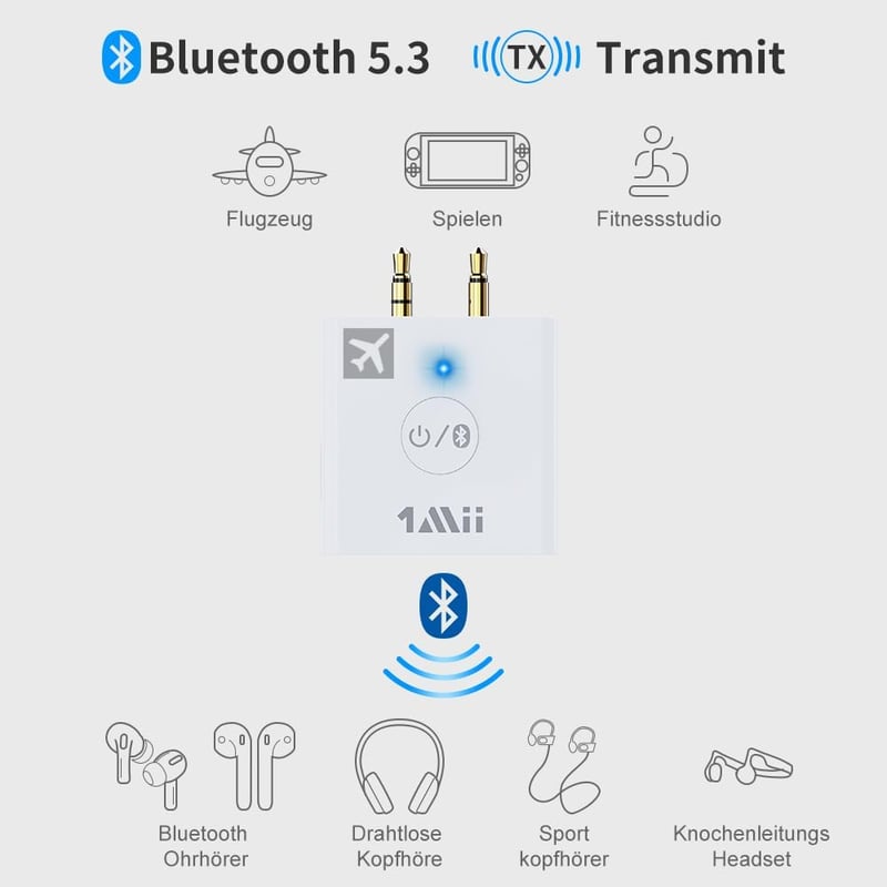 1Mii Bluetooth 5.3 repülőgép adapter fülhallgatókhoz, 30 órás üzemidő, töltőtokkal