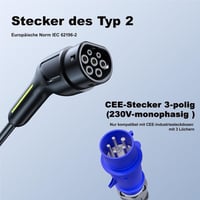 VDLPOWEREU Type 2 Elektromos Autó Töltőkábel, 7.36KW, 32A, 5m, Háromfázisú CEE Csatlakozóval, Időzíthető Töltés, Állítható Áramerősség 5