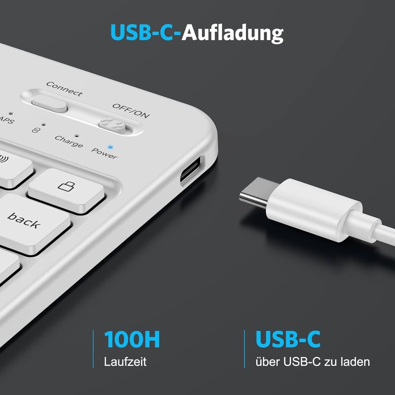 Emetok QWERTZ Bluetooth Billentyűzet iPad/iPhone Készülékekhez - Ultravékony, Újratölthető, Vezeték Nélküli Mini Billentyűzet, Fehér