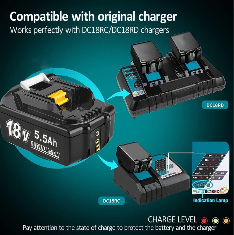 Bonadget 18V 5.5Ah Li-ion Akkumulátor Makita Szerszámgépekhez - 2db LED Töltésjelzővel, Kompatibilis BL1860B BL1850B BL1840 Sorozattal