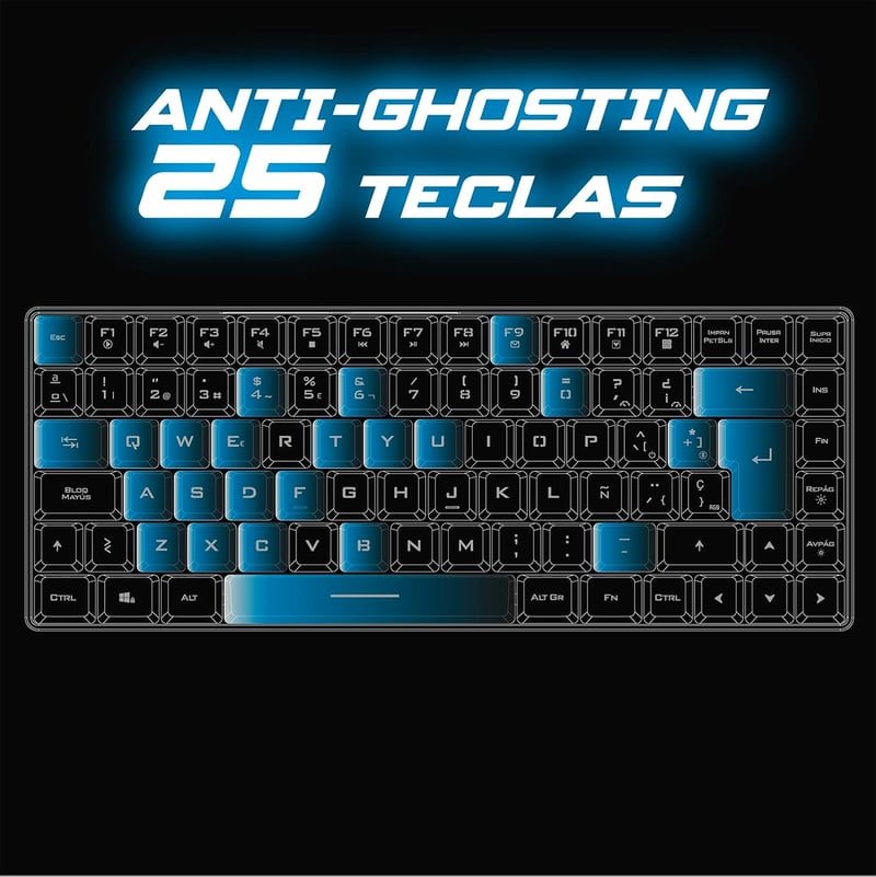 Spirit of Gamer vezeték nélküli Bluetooth TKL gamer billentyűzet, spanyol QWERTY, 65% kompakt