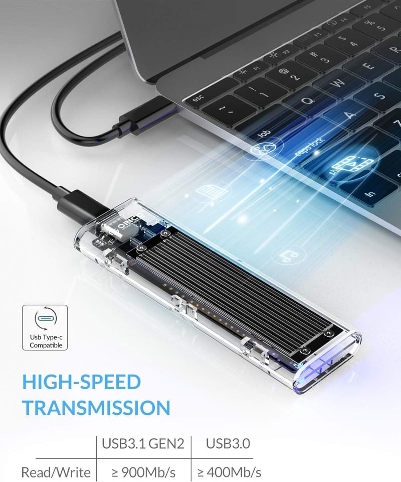 ORICO M.2 NVMe SSD külső ház, 10Gbps USB-C, átlátszó, 2230/2242/2260/2280 méretekhez