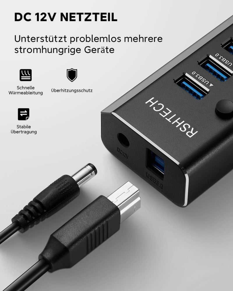 RSHTECH USB 3.0 Hub 10 Port Aktív Alumínium Elosztó 36W Tápegységgel
