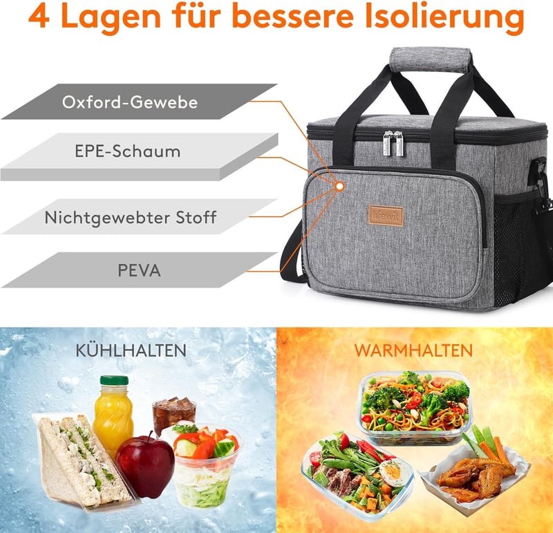 Lifewit Hűtőtáska 15L (24 Dobozos) Thermo Táska Ebédhez, Munkába, Iskolába, Strandra, Piknikhez - Vízálló, Szigetelt, Szürke