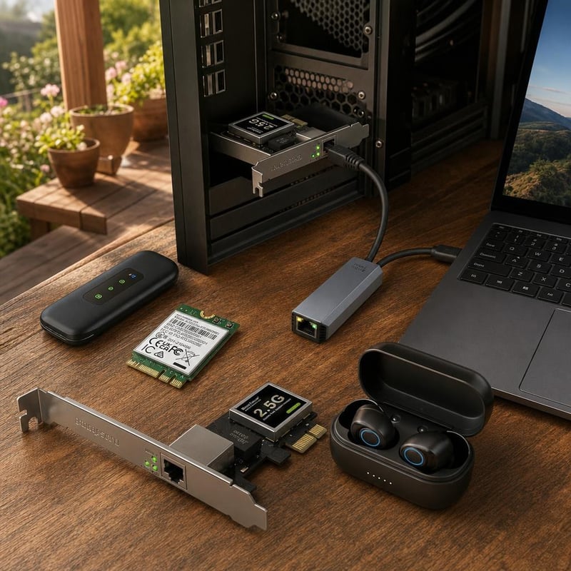 Sieťový balík Netmentő: 1x 2.5G karta + 1x WiFi 6 karta + 1x USB-C adaptér + 1x 4G modem + 1x BT slúchadlá