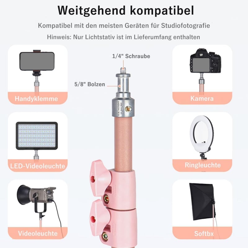 Koolehaoda 160cm Rózsaszín Állvány Gömbfejjel és Telefontartóval - Hordozható Világítóállvány Videózáshoz, Élő Közvetítéshez, 10kg Teherbírá