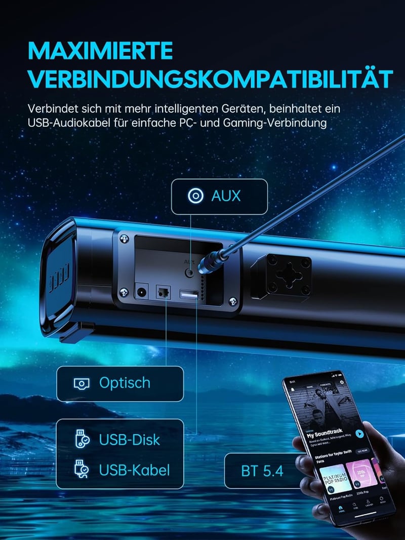 MEVOSTO 60W Mini Soundbar TV-hez és PC-hez - 2.1 Beépített Mélynyomó, BT5.4, USB/Optikai/AUX Csatlakozás, 3 EQ Mód, Játékkonzolokkal Kompati