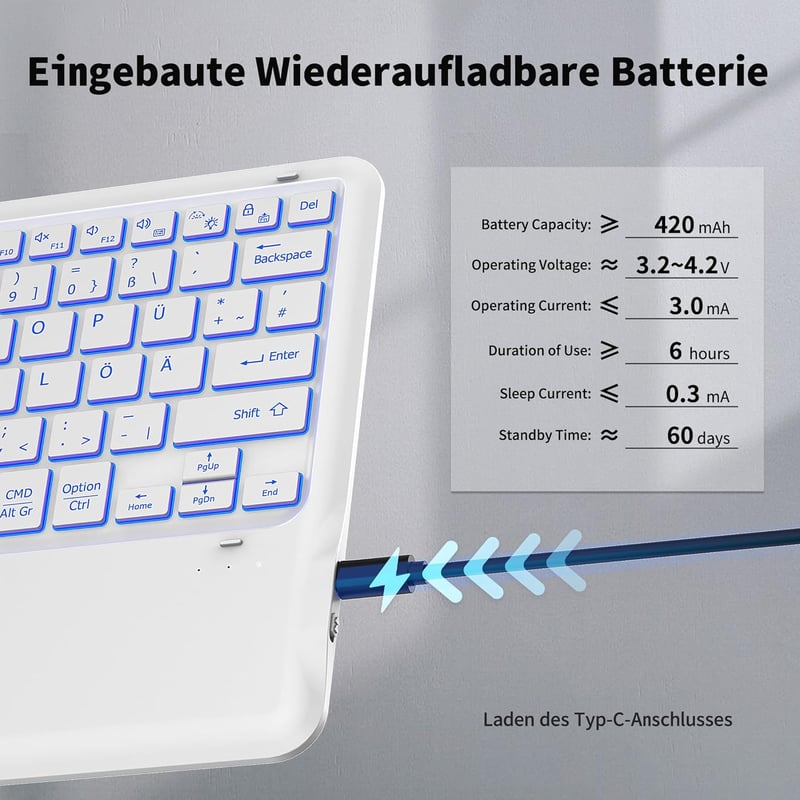 EasyAcc Ultrakönnyű Bluetooth Billentyűzet Touchpaddal, 7 Színű Háttérvilágítással, USB-C, Fehér