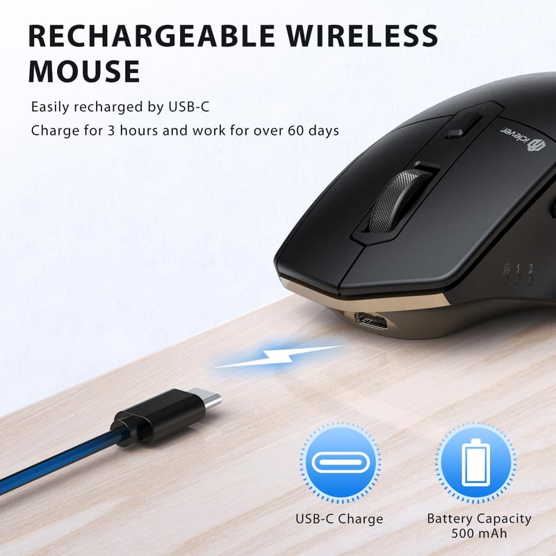 iClever Bluetooth egér, ergonomikus vezeték nélküli egér, újratölthető, 2400 DPI, 7 gomb, fekete