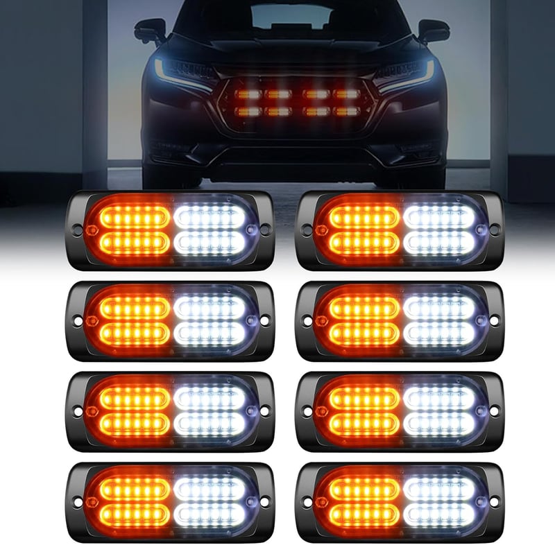 Dinfu 8x24 LED Elülső Villogó Lámpa - Narancssárga-Fehér Stroboszkóp 12V/24V - IP67 Vízálló Figyelmeztető Fény 18 Villogási Móddal Autókhoz,
