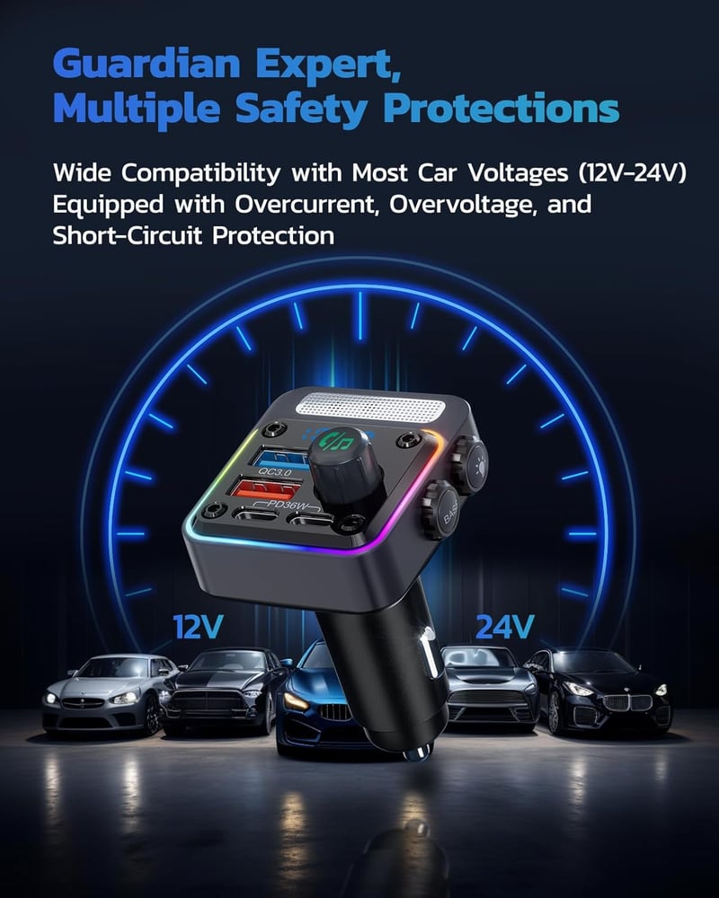 Nulaxy 54W Bluetooth 5.3 FM Transzmitter Autóba - 4 Töltőporttal (PD 36W & QC3.0 18W), 5 Színű LED Háttérvilágítás, Mélyhangzású Lejátszó, K